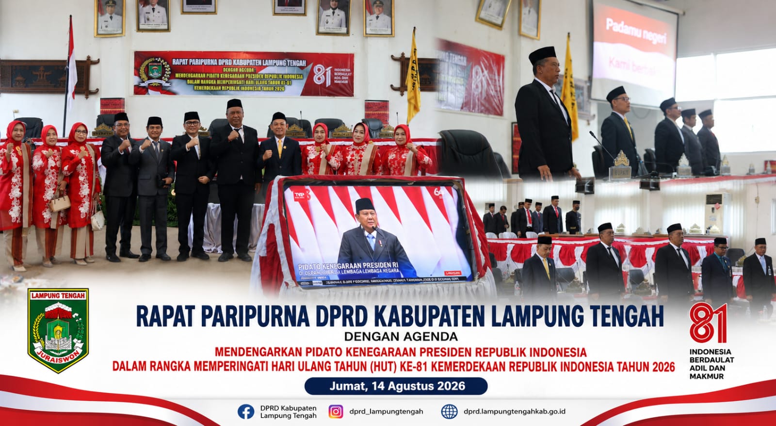 DPRD Lamteng Gelar Rapat Paripurna Dengarkan Pidato Presiden RI Dalam Rangka HUT RI Ke 81